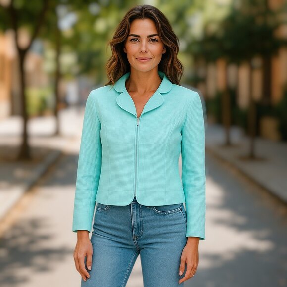 Louben II Square Textured Zip Up Hip Length Blazer Light Turquoise Blue Size 12 - Picture 6 of 10